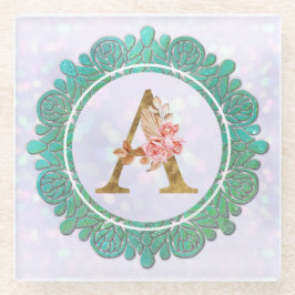 Posavasos De Vidrio Letras Iniciales de Monograma Elegante con Mandala
