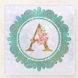Posavasos De Vidrio Letras Iniciales de Monograma Elegante con Mandala