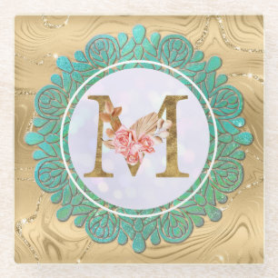 Posavasos De Vidrio Letras Iniciales de Monograma Elegante con Mandala