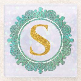 Posavasos De Vidrio Letras Iniciales de Monograma Elegante con Mandala
