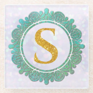 Posavasos De Vidrio Letras Iniciales de Monograma Elegante con Mandala