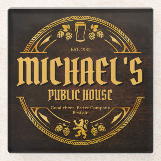 Posavasos De Vidrio Letrero personalizado de pub vintage de madera rús