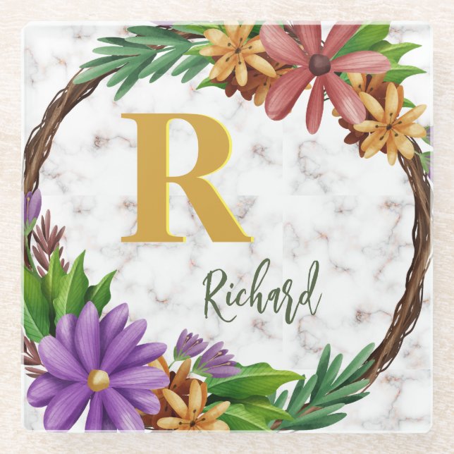 Posavasos De Vidrio Leyenda floral Letra inicial Monograma Nombre Marb (Anverso)