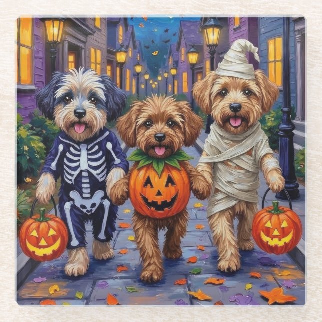 Posavasos De Vidrio Lhasa Apso Trick-or-Treating in Halloween (Anverso)