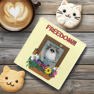 Posavasos De Vidrio Libertad Escape Divertido Gato Amarillo Floral Ven