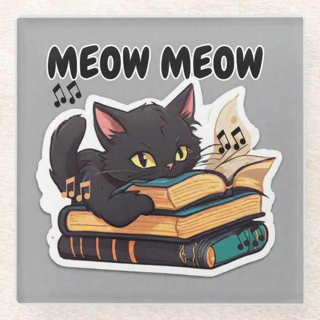Posavasos De Vidrio Libro de lectura de gatos Meow Meow (Anverso)