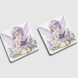Posavasos De Vidrio Libro de lectura de hada con acuarela de lavanda