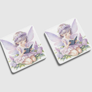Posavasos De Vidrio Libro de lectura de hada con acuarela de lavanda