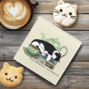 Posavasos De Vidrio Libros Acogedores Gato Esmoquin Té Tetera Verde Li