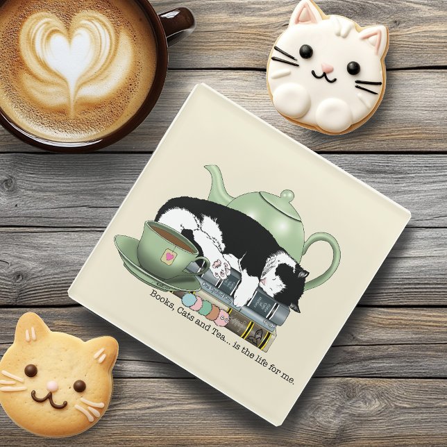 Posavasos De Vidrio Libros Acogedores Gato Esmoquin Té Tetera Verde Li (Subido por el creador)