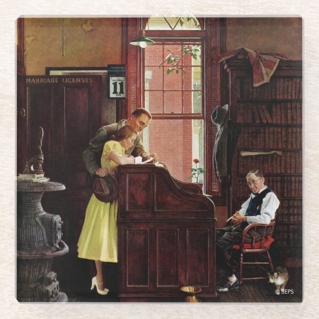 Posavasos De Vidrio Licencia matrimonial de Norman Rockwell (Anverso)