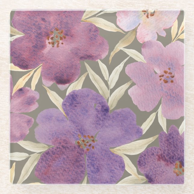 Posavasos De Vidrio Lilas acuarelas en fondo verde (Anverso)