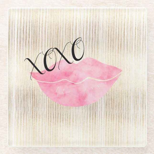 Posavasos De Vidrio Límites de acuarela rosada XOXO (Anverso)