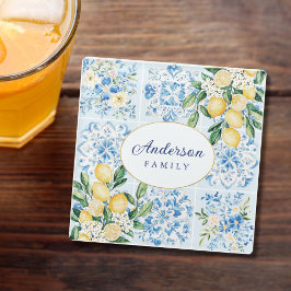 Posavasos De Vidrio Limon de Baldosa Italiana Azul con Acuarela Person