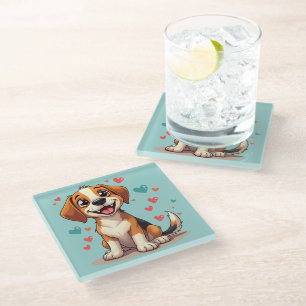 Posavasos De Vidrio Lindo Beagle Kawaii con Corazones Perro Juguetón