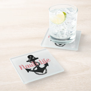 Posavasos De Vidrio lindo, náutico NAUTI LIFE escritura + ancla