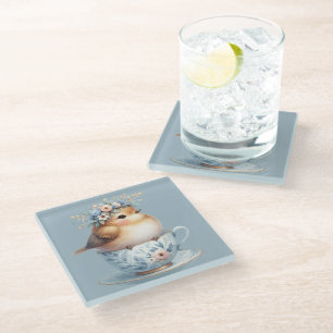 Posavasos De Vidrio Lindo pájaro azul con corona floral en taza de té
