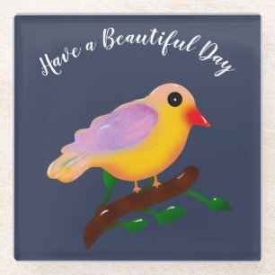 Posavasos De Vidrio Lindo pájaro colorido en rama   Ave canora dibujad