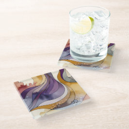 Posavasos De Vidrio Líneas fluidas de color púrpura y dorado abstracto