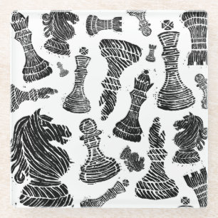 Posavasos De Vidrio Linocut de figuras de ajedrez en blanco y negro