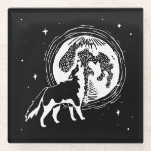Posavasos De Vidrio Linocut Husky Moon negro y blanco
