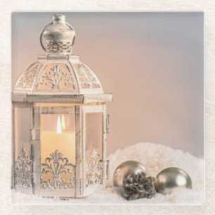 Posavasos De Vidrio Linterna y ornamentos de Navidades blancos