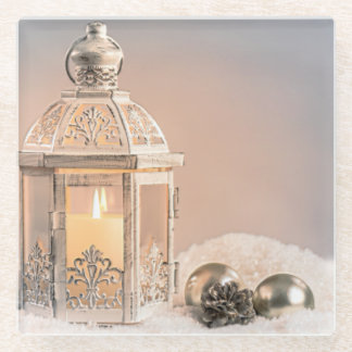 Posavasos De Vidrio Linterna y ornamentos de Navidades blancos