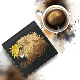 Posavasos De Vidrio Lion Black Yellow Mandala Sun