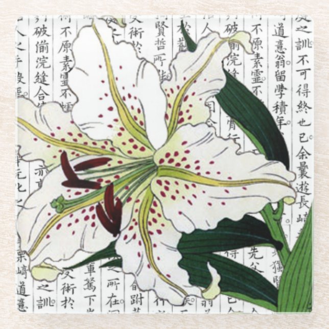 Posavasos De Vidrio Lirio blanco asiático de fondo kanji (Anverso)