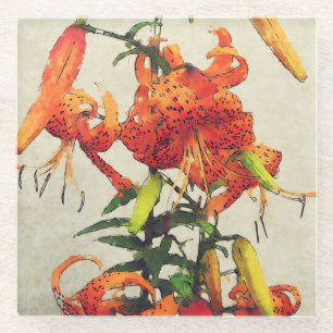 Posavasos De Vidrio Lirio Tigre Acuarela Naranja 1