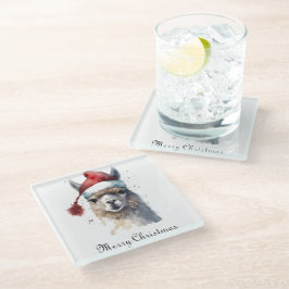 Posavasos De Vidrio Llama de Navidad sombrero de Santa con texto perso