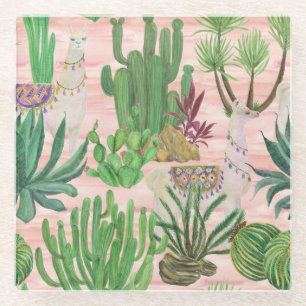 Posavasos De Vidrio Llamas acuarelas y patrones de cactus.