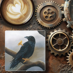 Posavasos De Vidrio Llave Mecánica de Cuerda Steampunk Cuervo Negro
