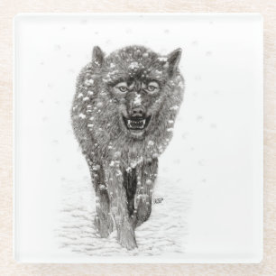 Posavasos De Vidrio Lobo negro enojado en la nieve, invierno salvaje