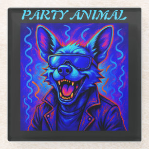 Posavasos De Vidrio Lobo neón Fiesta Animal – Gráfico Retro Colorido