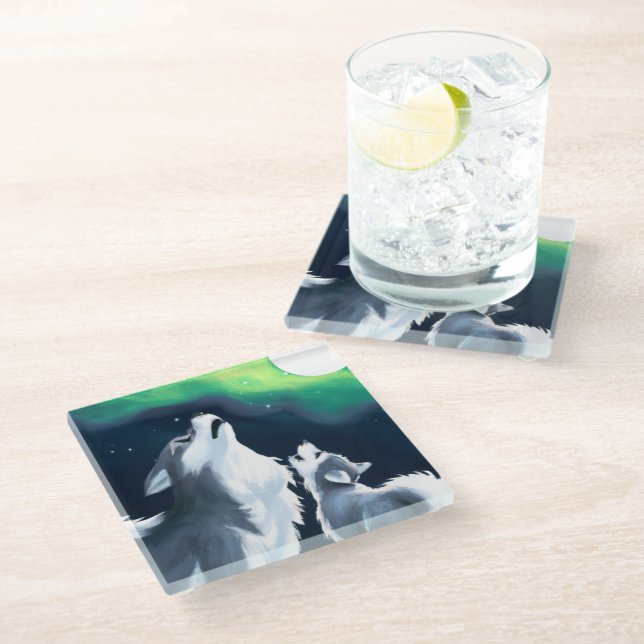 Posavasos De Vidrio Lobo y cachorro a plena Luna (Angular)