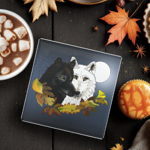 Posavasos De Vidrio Lobos Blanco Negro Luz de Luna Hojas de Otoño