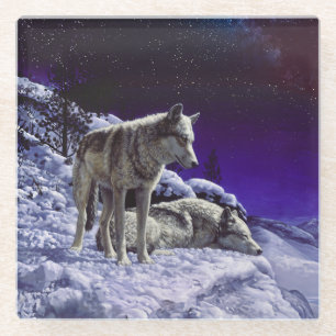 Posavasos De Vidrio Lobos grises en la nieve de invierno de noche