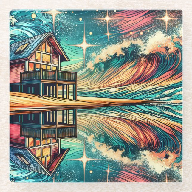 Posavasos De Vidrio Log Cabin on the Beach Ai Art (Anverso)