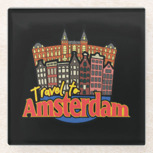 Posavasos De Vidrio Logotipo de Viajes Vintage a Ámsterdam Países Bajo