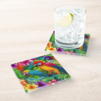 Posavasos De Vidrio Loro 3 Pájaros Tropicales Florales palmeras azul p