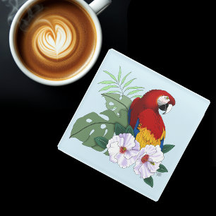 Posavasos De Vidrio Loro Guacamayo Rojo Floral Hibisco Tropical Blanco