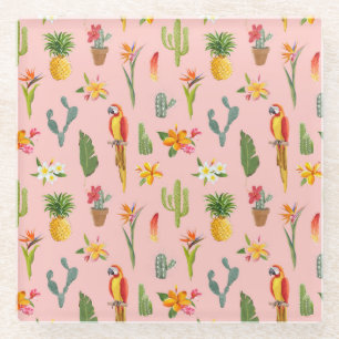 Posavasos De Vidrio Loro Tropical, Patrón Vintage de Cactus.