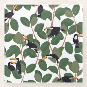 Posavasos De Vidrio Loro Turco y Ficus: Elegancia Vintage.