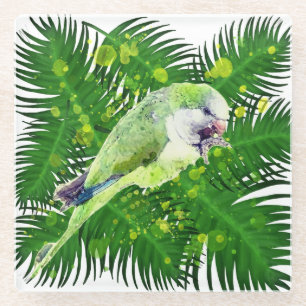 Posavasos De Vidrio Loro verde y hojas de palmera acuarela