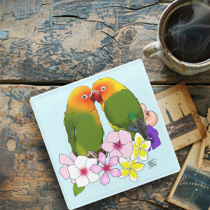 Posavasos De Vidrio Loros Lindos Flores Tropicales Pájaro Romántico