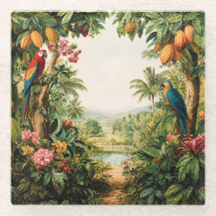 Posavasos De Vidrio Loros Tropicales Flor de Cacao Acuarela