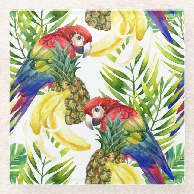 Posavasos De Vidrio Loros y fruta tropical (Anverso)
