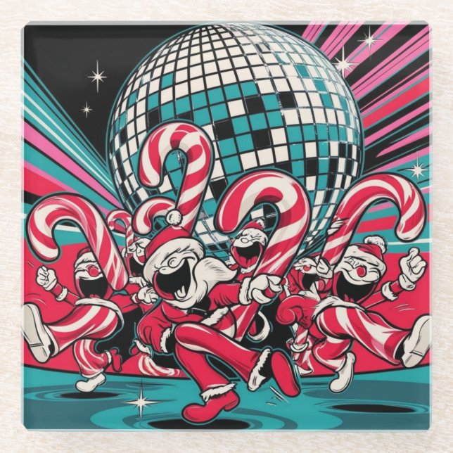 Posavasos De Vidrio Los elfos de Santa Candy Canes bailan bajo disco (Anverso)