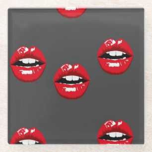 Posavasos De Vidrio Los labios rojos brillantes en gris